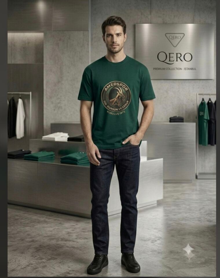QUERO 24/1 Premium Pamuklu Amedapor Baskılı Bisiklet Yaka T-Shirt